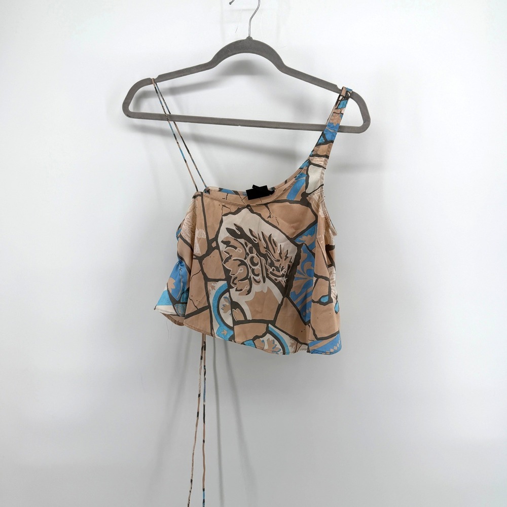 Out From Under Camisole One Shoulder‎ Medium Tan Blue Womens Boho Cropped Top